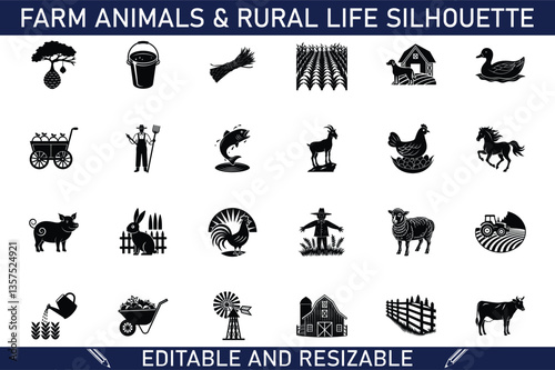 Farm Animals Rural Life Silhouette Icons Editable Vector Graphics