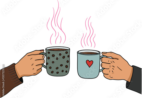 Two hands holding steaming mugs of coffee in a cozy setting, featuring flat illustration style, conveying warmth and connection through vector art