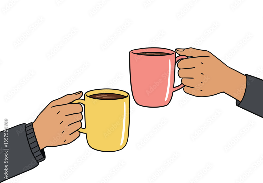 Two hands clinking colorful coffee mugs in a warm, inviting atmosphere, showcasing a minimal design style in vibrant vector art