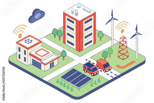 57 Isometric smart city elements, renewable energy sources, wind turbines, solar panels, electric vehicles, green spaces, drone delivery, sustainable buildings, futuristic urban planning, clean techno