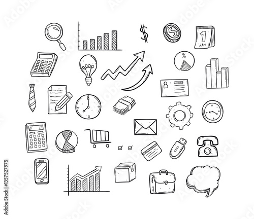 Business office icons hand drawing doodle element set