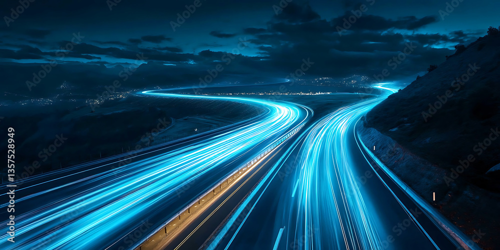 Obraz premium Nighttime highway with vibrant light trails in a mountainous landscape