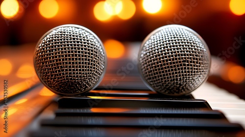Two microphones on a piano keyboard with bokeh lights.