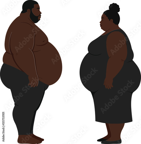 Full-figured couple standing side by side in a flat design style, showcasing body positivity and confidence in vibrant vector art
