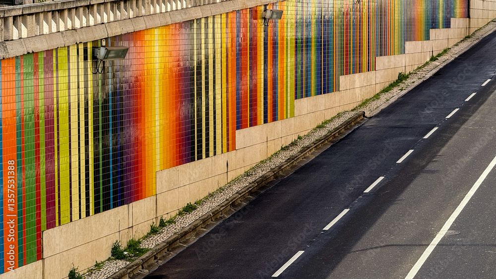 Obraz premium Colorful mural on urban highway wall, vibrant street art, cityscape, creative public space decoration