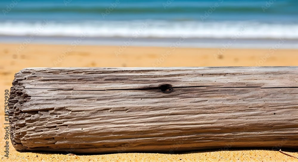 Fototapeta premium A weathered driftwood plank on a tropical beach with soft waves in the distance, Ai Generated