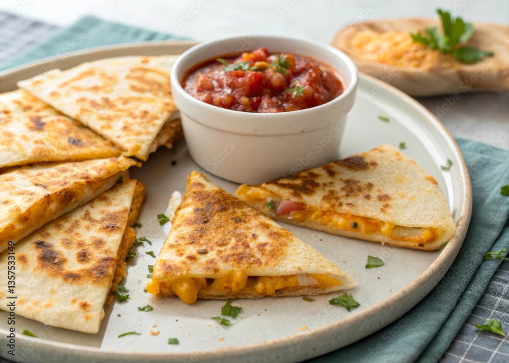 a plate of quesadillas cut into triangles, with a side dish of salsa. The quesadillas are garnished with cilantro, and the plate is placed on a table covered with a blue cloth. a plate of quesadillas cut into triangles, with a side dish of salsa. The quesadillas are garnished with cilantro, and the plate is placed on a table covered with a blue cloth.