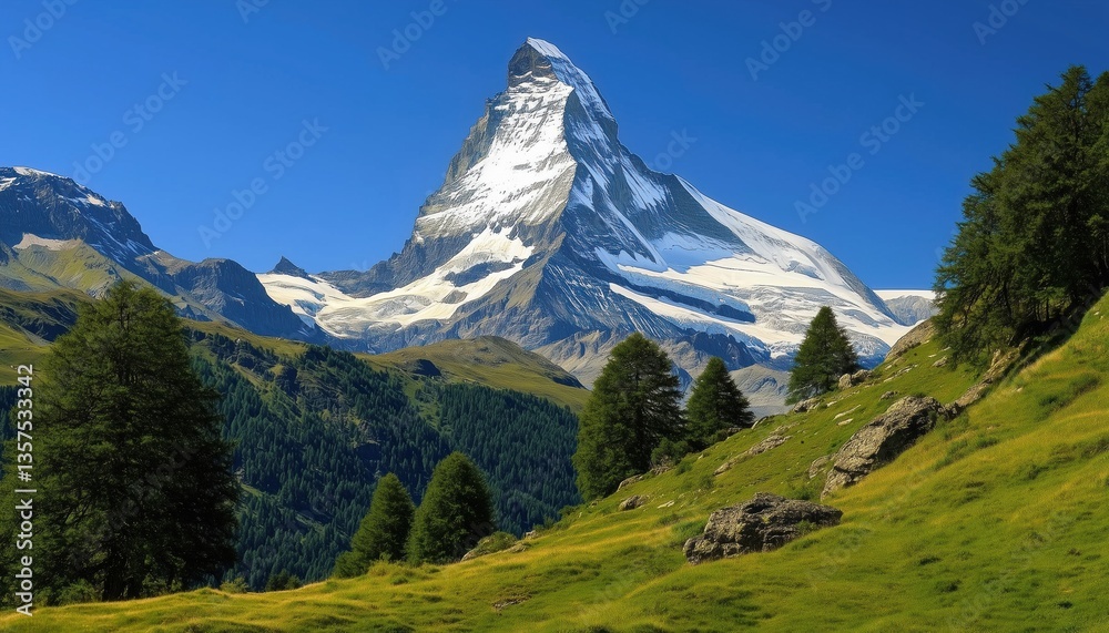 Fototapeta premium Swiss Alps' Snow-Capped Peak: A Stunning Mountain In The Swiss Alps Range Of Switzerland, Offering Breathtaking Scenery And Adventure Opportunities.