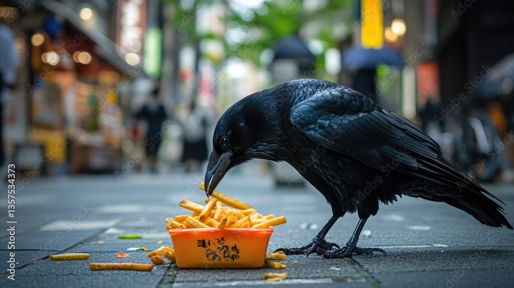 Fototapeta premium Black Japan Crow Enjoys Crispy French Fries on the Streets of Kyoto