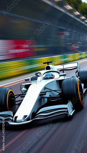 fast formula 1 racing car racing on track with blurred background and protective barriers