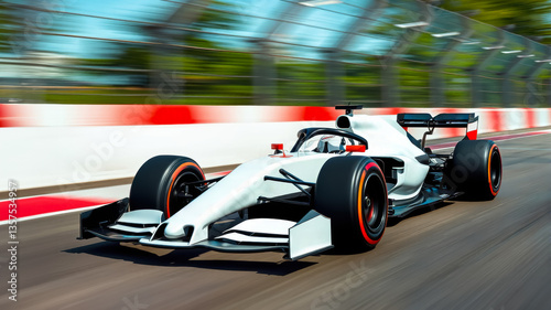 Formula One racing car speeds around the track in bright sunshine during the motorsport Grand Prix