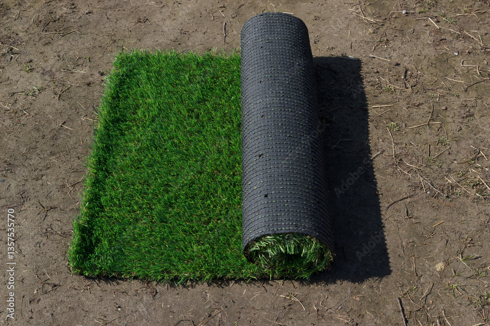 The roll of synthetic grass on the natural ground in garden. The artificial cover backyard. The roll of synthetic grass on the natural ground in garden. The artificial cover backyard.