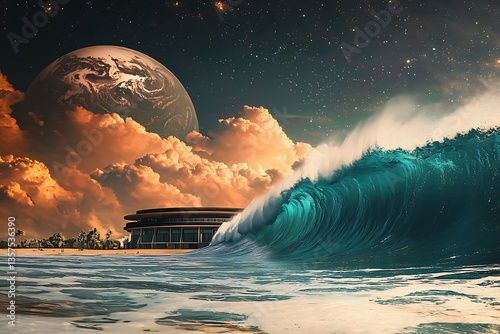 A cosmic surf resort where waves are ridden on different planets