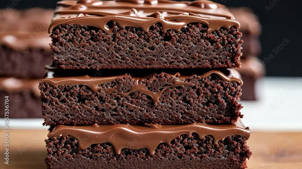 Delicious fresh baked healthy vegan moist dark chocolate brownies dessert or sponge cake with coffee frosting cut in squares on a dark textured background
