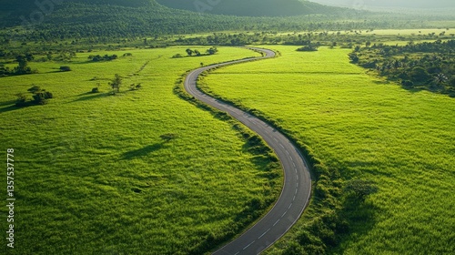 Winding scenic road through lush green fields serene landscape aerial view nature's beauty