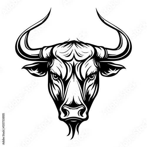 Fierce bull head silhouette in black and white tribal style. Powerful and bold vector design.