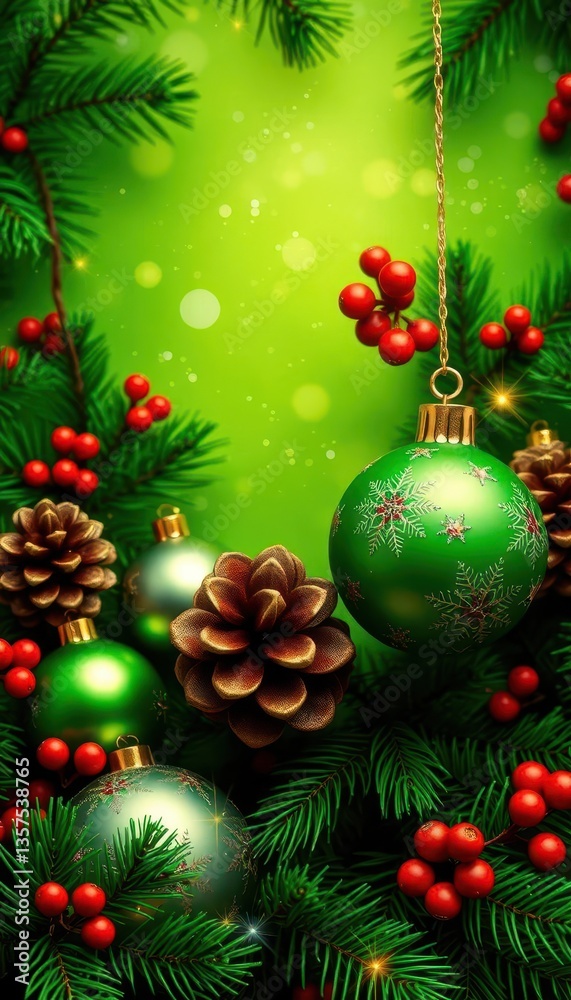Fototapeta premium Elegant green Christmas wallpaper with shimmering ornaments, pine cones, and berries, christmas background, winter, background