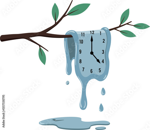 Melting blue clock hanging from a branch with green leaves in a surreal, minimalist vector illustration depicting the fluidity of time and natures harmony
