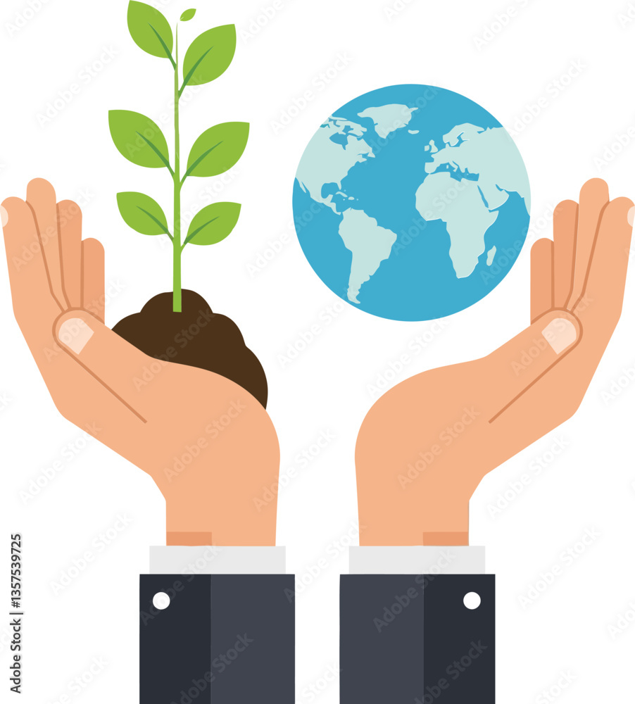 Hands holding a small plant and a globe in a flat design style representing environmental care and sustainability vector illustration