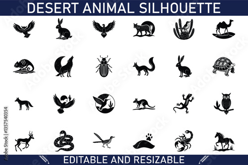 Desert Animal Silhouettes Editable, Resizable Vector Icons Set