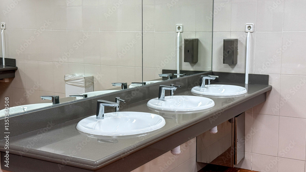 Fototapeta premium Clean public restroom interior with modern sinks and mirrors, hygiene, contemporary design, sanitation focus