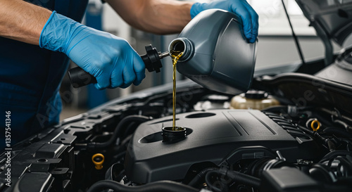 Mechanic Adding Motor Oil to Car Engine During Maintenance Service