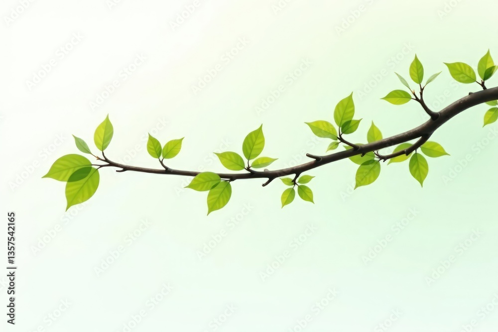 Long slender branch with leaves and twigs isolated, simple shapes, tree branch