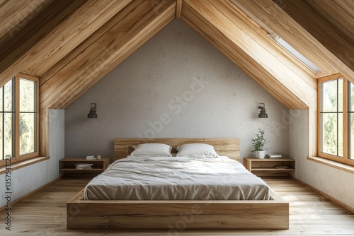 a cozy bedroom with a slanted wooden ceiling and a bed