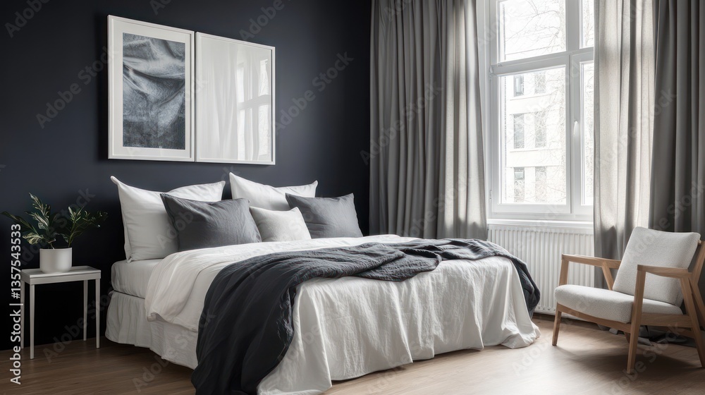 Fototapeta premium A contemporary Scandinavian bedroom featuring deep navy walls and oversized modern wall art in black and white