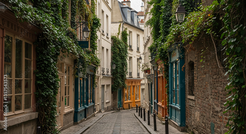 Charming Parisian Alleyway with Ivy Covered Buildings Cobblestone Street and Quaint Shops Charming Parisian Alleyway with Ivy Covered Buildings Cobblestone Street and Quaint Shops