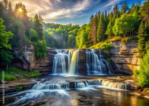 Majestic Rock River Falls, Michigan: Cascading Water and Rugged Cliffs Landscape Photography