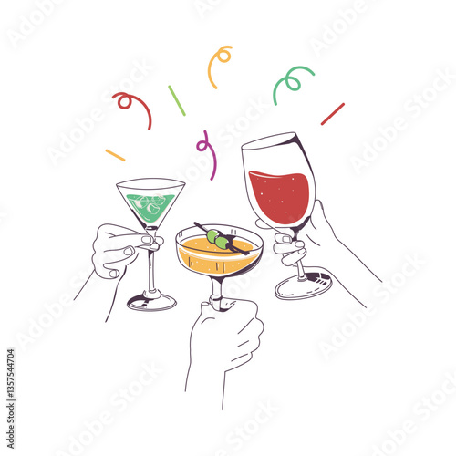 Hands with festive alcoholic drinks. Cocktail party. Martini with olives, wine, streamers. Hand-drawn vector illustration. Isolated.