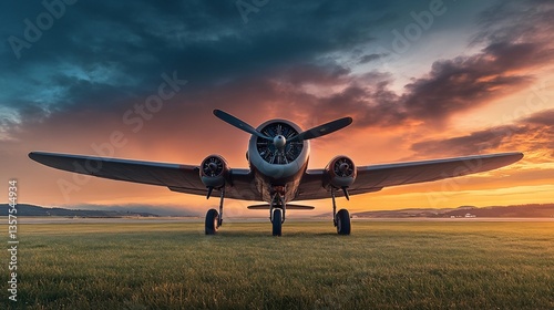Vintage airplane parked on grassy runway with a dramatic sunset backdrop