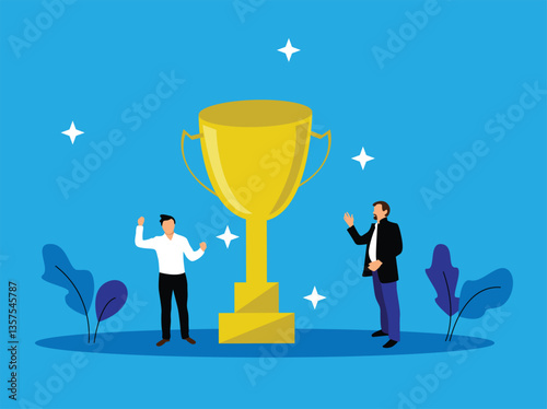 Two Business People with Golden Trophy Cup. Competition at work and achievements through hardship vector art