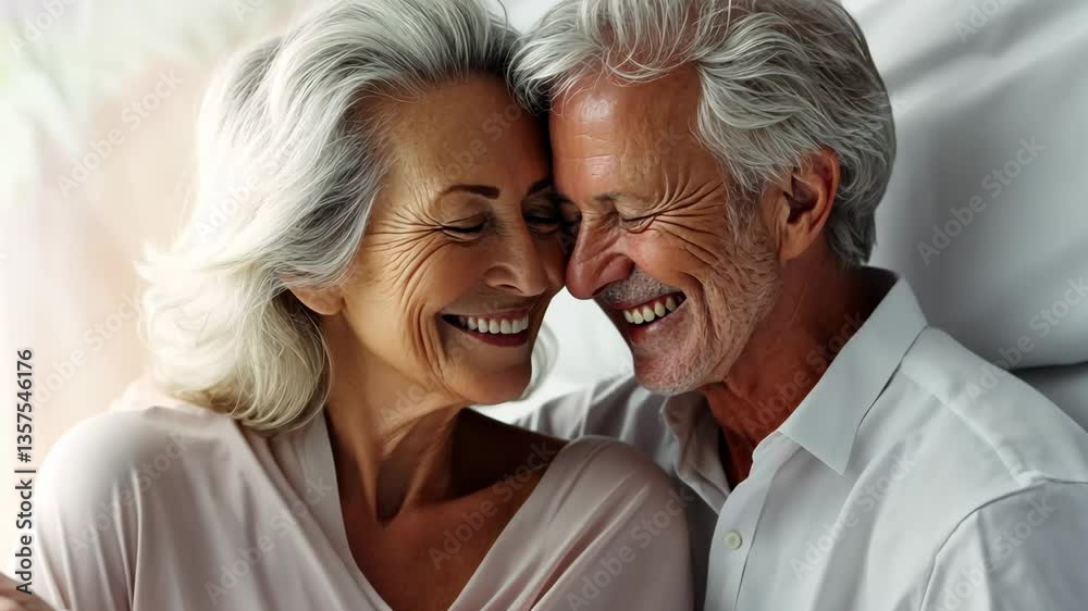 Bed, cuddle and above of mature couple in morning talking, bonding and enjoy conversation together. Marriage, home and top view of happy man and woman in bedroom for relationship, happiness and relax
