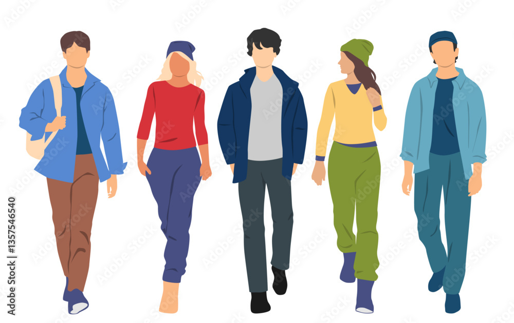 Set of young men and women, different colors, cartoon character, group of silhouettes of walking business people, students, design concept of flat icon, isolated on white background