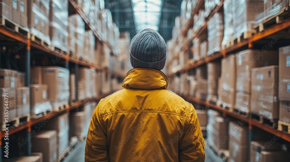 A worker in a yellow jacket and gray beanie reviews stock in a large warehouse filled with neatly arranged cardboard boxes on shelves, indicating logistics management. A worker in a yellow jacket and gray beanie reviews stock in a large warehouse filled with neatly arranged cardboard boxes on shelves, indicating logistics management.