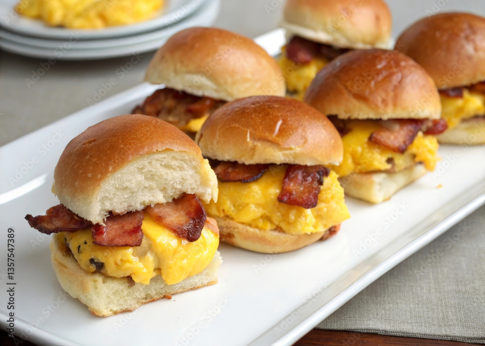a white tray with a row of mini sandwiches. Each sandwich consists of a bun, a slice of bacon, and a scrambled egg. The sandwiches are placed on a white tray, and there are additional sandwiches in th a white tray with a row of mini sandwiches. Each sandwich consists of a bun, a slice of bacon, and a scrambled egg. The sandwiches are placed on a white tray, and there are additional sandwiches in th