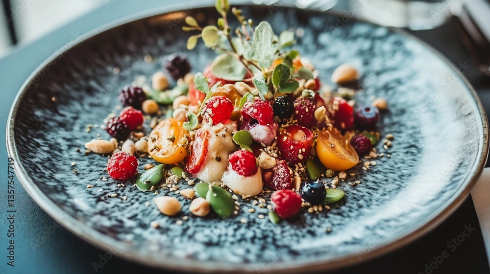 Elegant summer salad with fresh berries and sprouts on a designer plate Elegant summer salad with fresh berries and sprouts on a designer plate