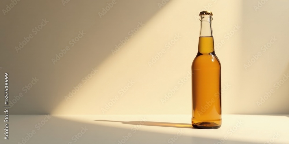 A single bottle of amber liquid sits on a pale surface, bathed in sunlight, casting a long shadow against a neutral background. A single bottle of amber liquid sits on a pale surface, bathed in sunlight, casting a long shadow against a neutral background.