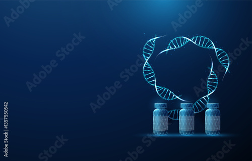 3 blue DNA molecule helixes swirled in circle and 3 bottles. Genetic engineering, treatment of genetic diseases with medicinal products, medical concept.