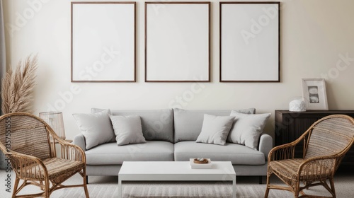 A cozy living room with three rectangular picture frames in a mock-up style hanging on a light cream wall