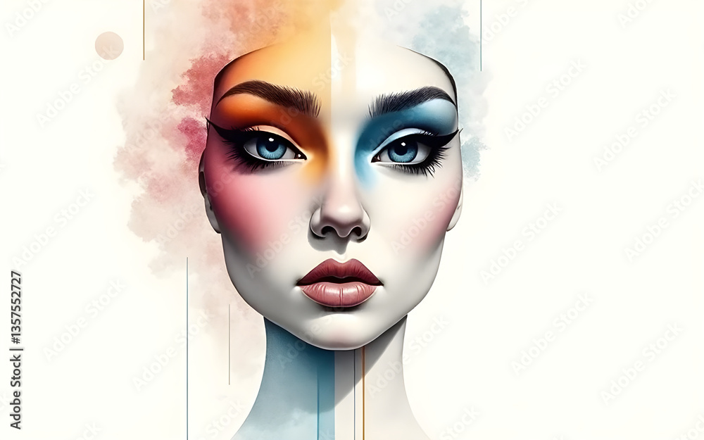 Woman showing colorful makeup and long eyelashes in a beauty portrait Woman showing colorful makeup and long eyelashes in a beauty portrait