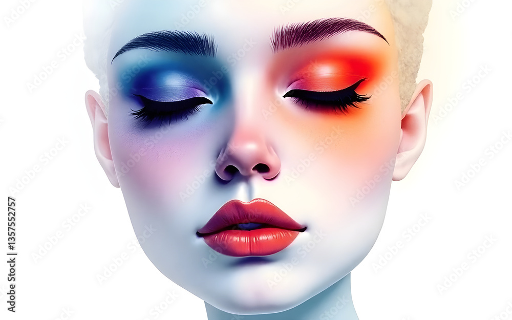 Model with closed eyes showing colorful makeup and gradient skin Model with closed eyes showing colorful makeup and gradient skin