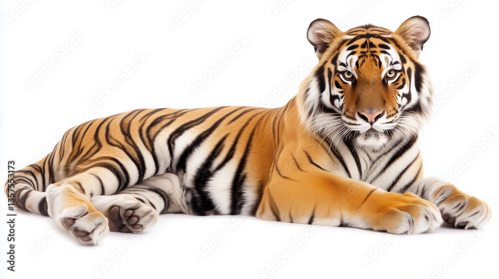 Obraz premium Majestic Wild Tiger with Detailed Orange and Black Striped Fur, Fully Isolated on White Background, No Shadows or Reflections, Generated AI