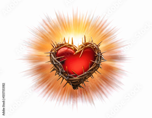 A radiant, flaming heart encircled by a crown of thorns, minimalist vector, symbolizes Easter