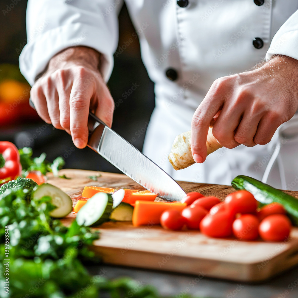 Close-up of chef in white uniform slicing vegetables on wooden cutting board Close-up of chef in white uniform slicing vegetables on wooden cutting board