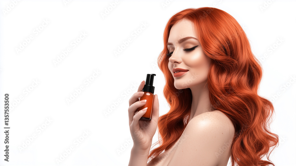 Promotional Image of Woman with Vibrant Red Hair Styled in Waves, Holding Hair Serum Bottle, Isolated on White Background, No Shadows or Reflections, Generated AI
Promotional Image of Woman with Vibrant Red Hair Styled in Waves, Holding Hair Serum Bottle, Isolated on White Background, No Shadows or Reflections, Generated AI
