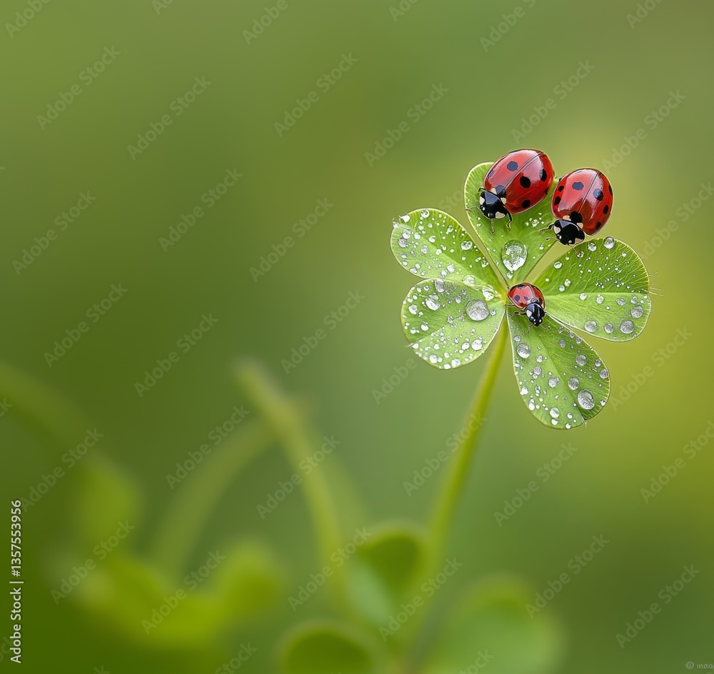 Fototapeta premium Three ladybugs resting on dewy four-leaf clover