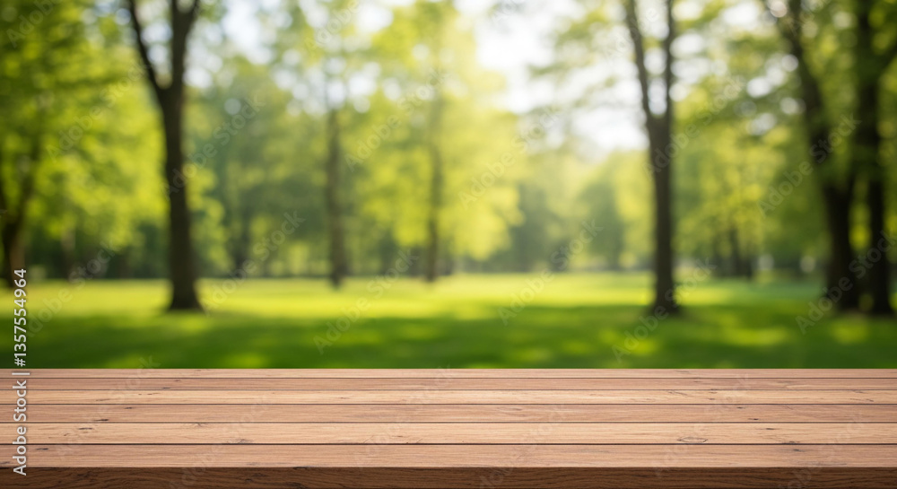 Wooden Tabletop with Blurred Spring Park Background Green Nature Summer Outdoors Wooden Tabletop with Blurred Spring Park Background Green Nature Summer Outdoors